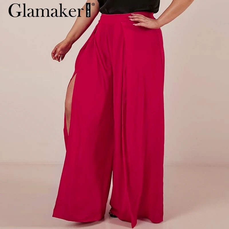 Женские брюки с широкими штанинами Glamaker красные повседневные размера плюс
