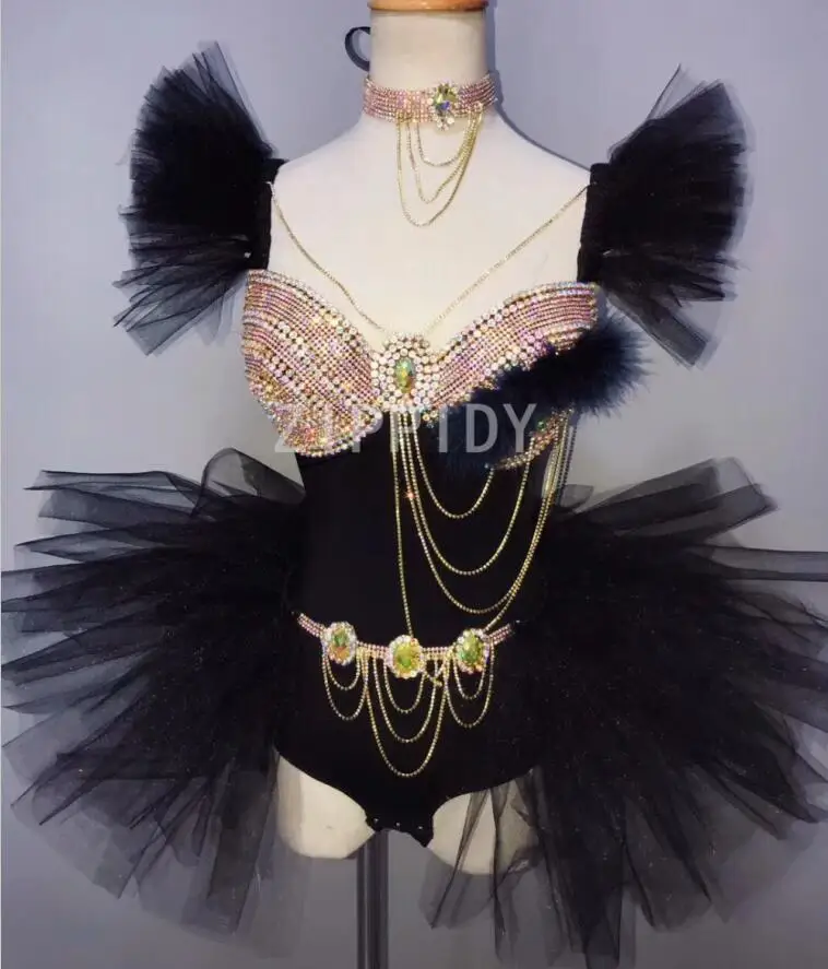

Bright Rhinestones Chains Black Mesh Bodysuit Women's Birthday Celebrate Outfit Nightclub Dance Wear Women Singer Show Outfit