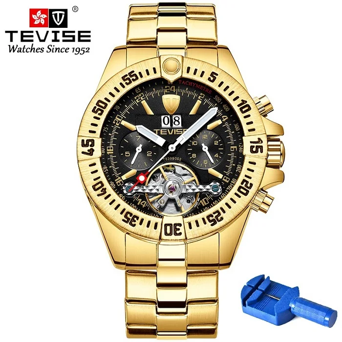 Gold Black TEVISE часы Мужские механические часы мужские s часы лучший бренд класса люкс календарь светящиеся руки наручные часы T839B-002 erkek saat - Цвет: Gold Black