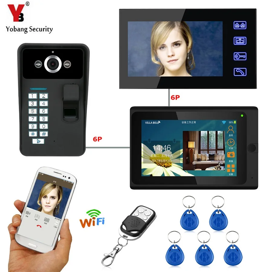 Yobang Security 7 Inch Fingerprint RFID Password IR-CUT HD Camera Wired /Wireless Wifi Colour Video Doorbell Intercom System |
