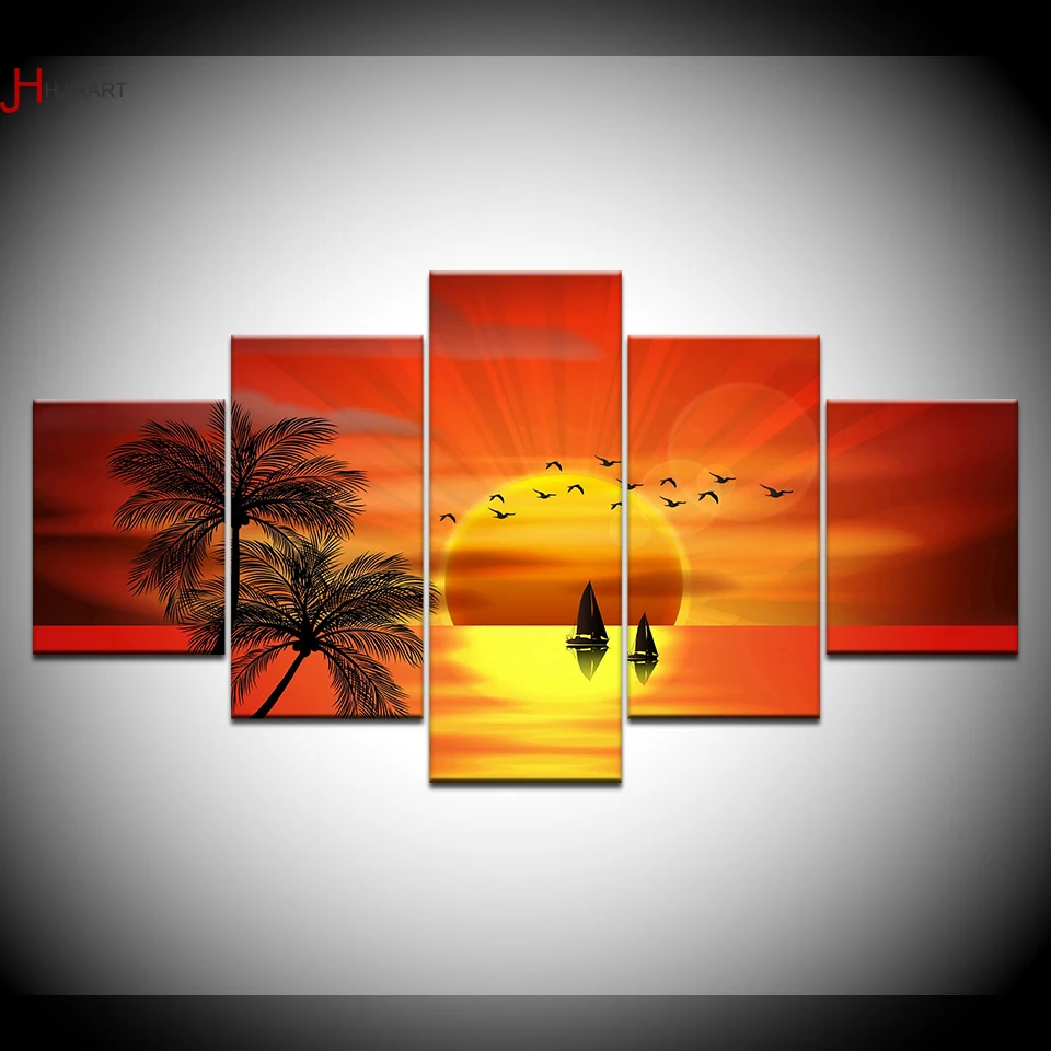 

Canvas Print Pictures Wall Art Decor 5 Pieces Coconut Tree Bird Sailboat Beautiful Sunset Seascape Painting Modular Poster Frame