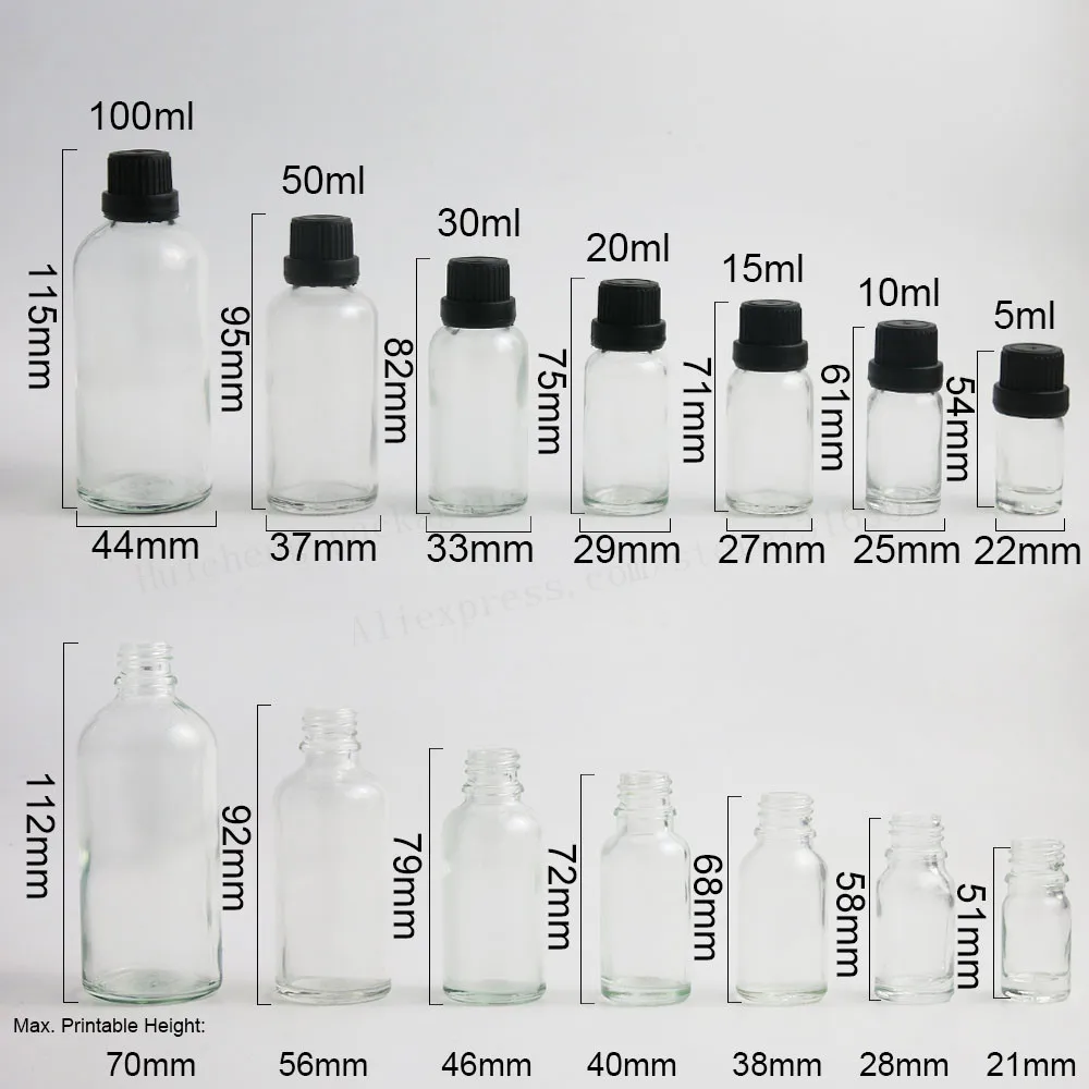 

200 X Clear Glass Essential Oil Container With white Black Tamper Evident Cap PE Reducer 5ml 10ml 15ml 20ml 50ml 100ml 12pcs