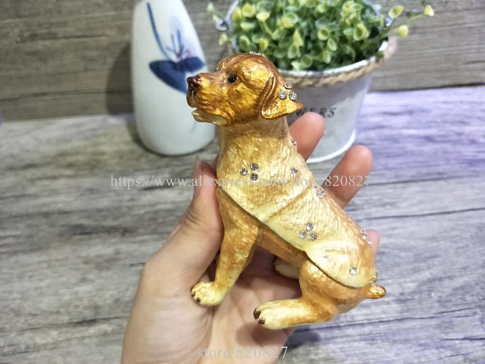 2018 Golden Dog TRINKET BOX Puppy Dog Figurine Rhinestone Enamel Dog Trinket Hinged Gift Jewelry Box Newest Dog Trinket