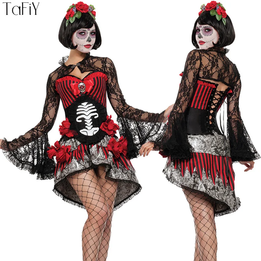 

TaFiY Sexy Zombie Cosplay Red Ghost Bride Costumes Witch Princess Mesh Dress and HeadWear Set Halloween Costumes For Women