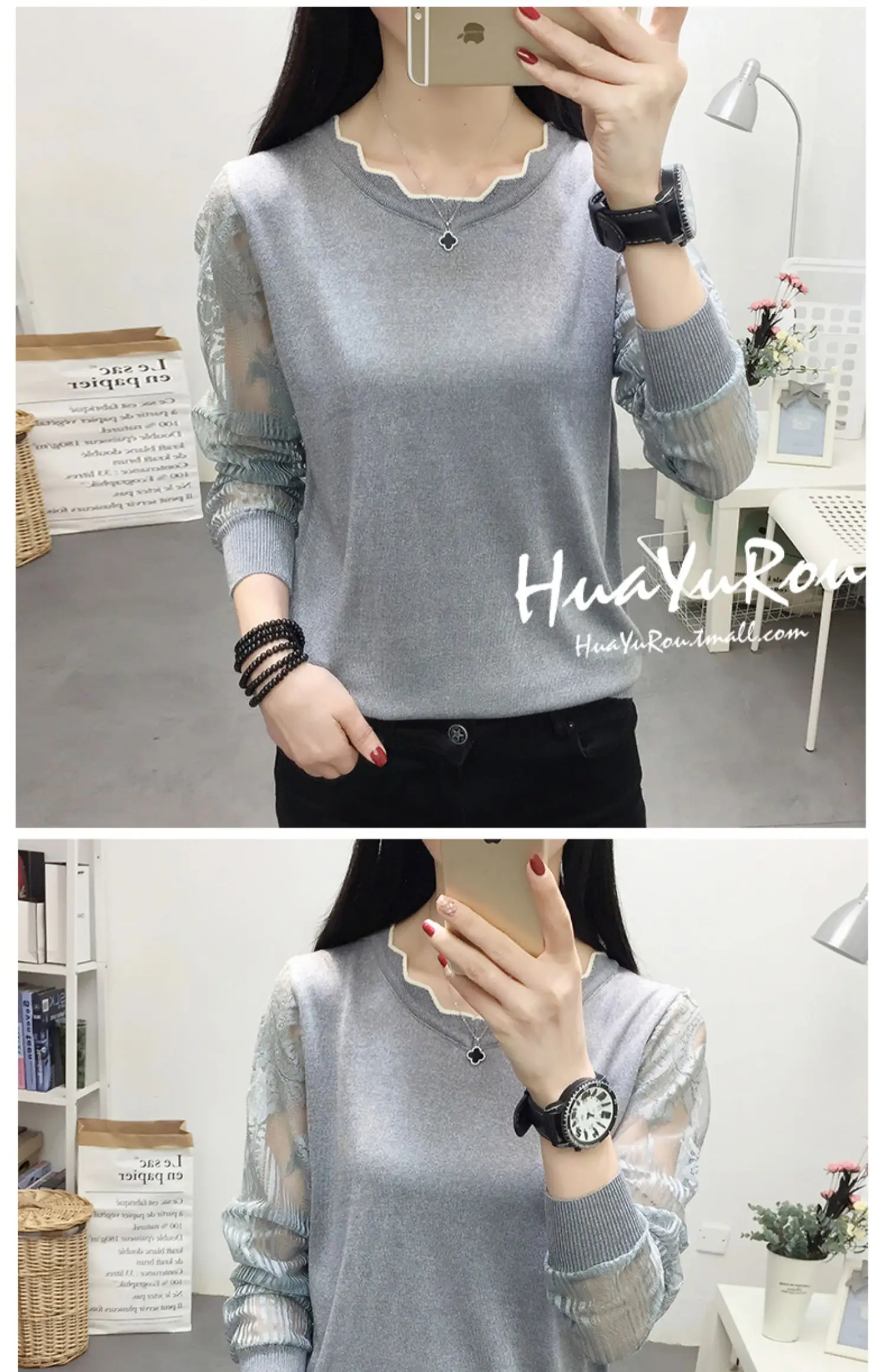 OHCLOTHING 2019New кружевной свитер женская нижняя блуза с длинным рукавом свободная весенняя новая тонкая трикотажная блузка трендовая блузка