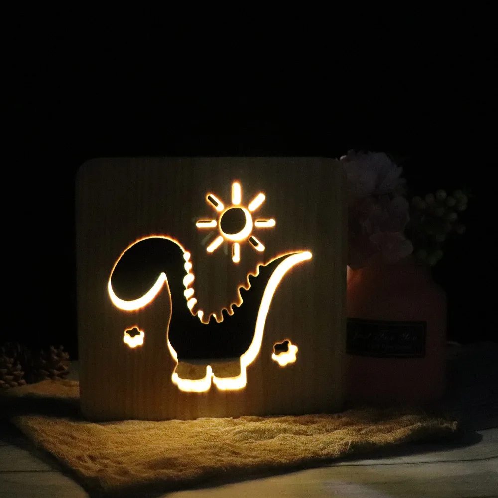 Dinosaur Креативный USB деревянный ночной Светильник, Кошачий коготь, роза, резной деревянный светодиодный настольный светильник, Свадебная вечеринка, украшение для дома, подарки на Рождество, день рождения - Испускаемый цвет: Dinosaur