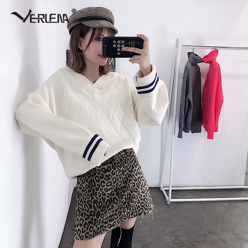 England School Student Style Jumper Black White Sweater Women 2019 Autumn Long Wide Sleeve Turn Back Cuff Stripe Argyle Pullover | Женская