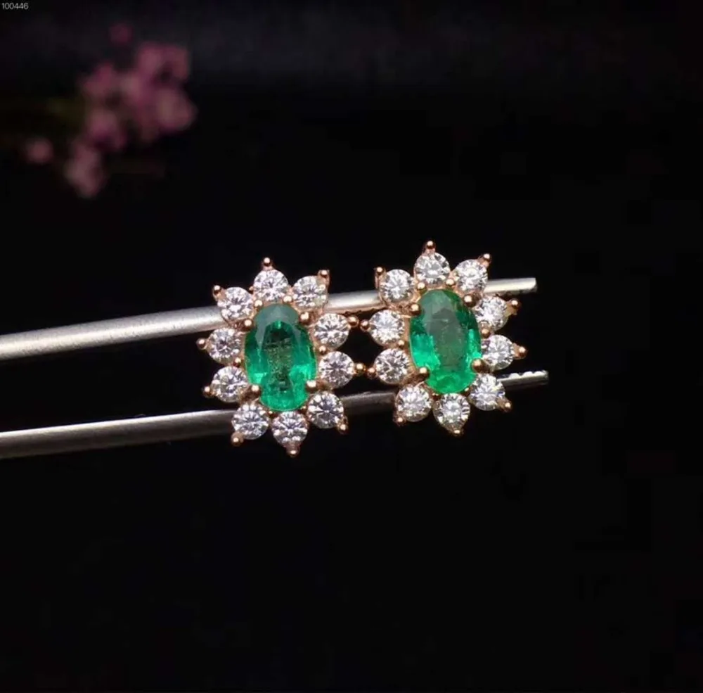 18K Gold-plated 925 Sterling Silver Colombia Emerald Stud Earrings for Women Natural Gemstone 4 x 6 mm | Украшения и аксессуары