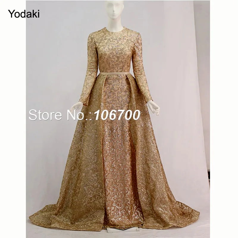gold nude Реальные фотографии, отстегивающийся хвост, Формальные вечерние платья, блестящая ткань, длинные рукава, круглый вырез, золотой цвет, пышные платья для выпускного вечера, новое поступление - Цвет: gold nude