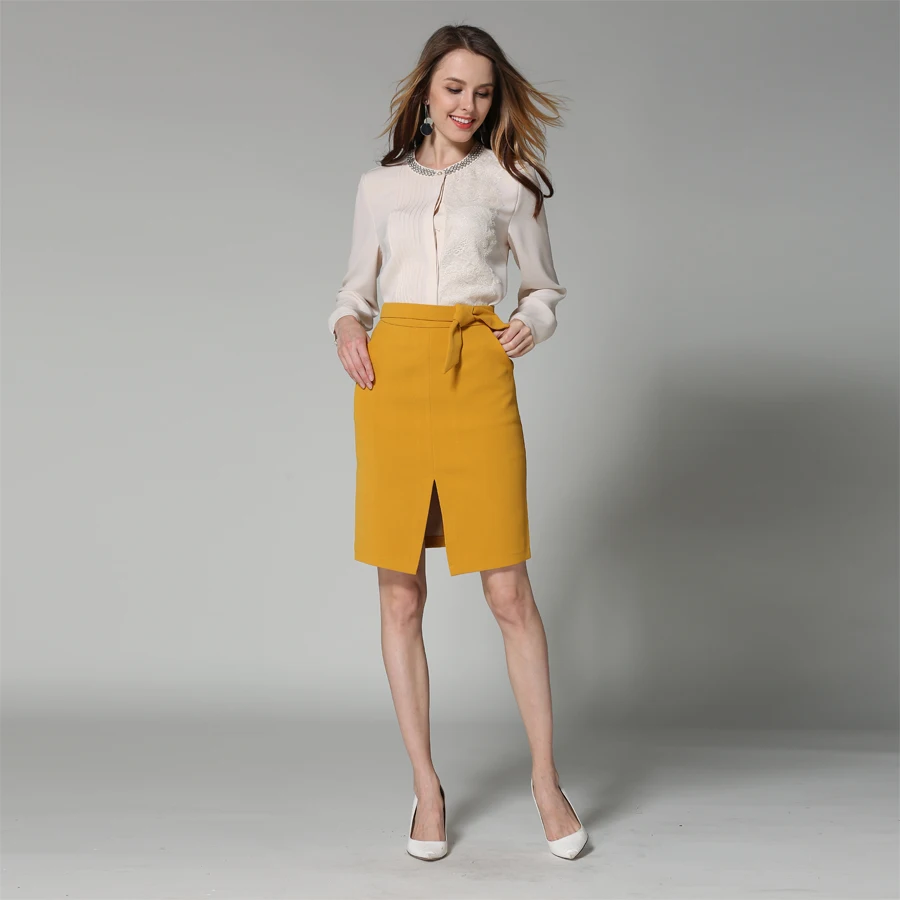 Юбка карандаш KoHuiJoo Женская черная желтая серая с большим бантом|front slit skirt|ladies pencil
