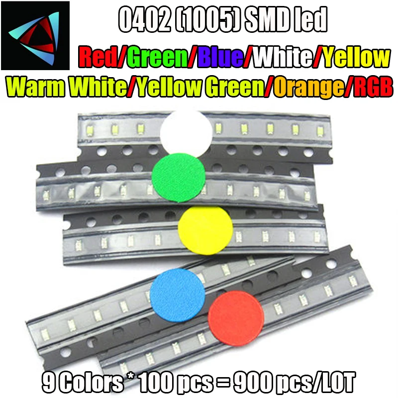 9 значений X100 шт = 900 шт./лот 0402 SMD светодиодный комплект красный желтый синий Изумрудный зеленый оранжевый белый желтый зеленый теплый белый RGB
