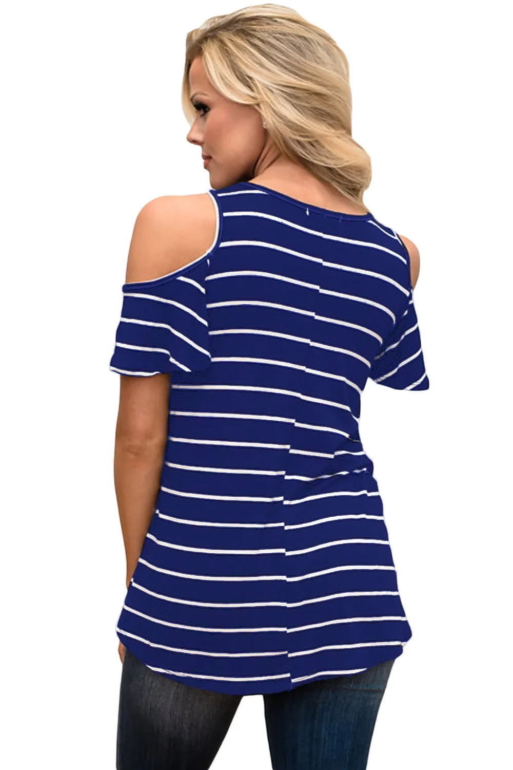2018 New Arrival Summer Women's Casual Short Sleeve O-Neck White Black Stripe Cold Shoulder Top LGY250192 | Женская одежда