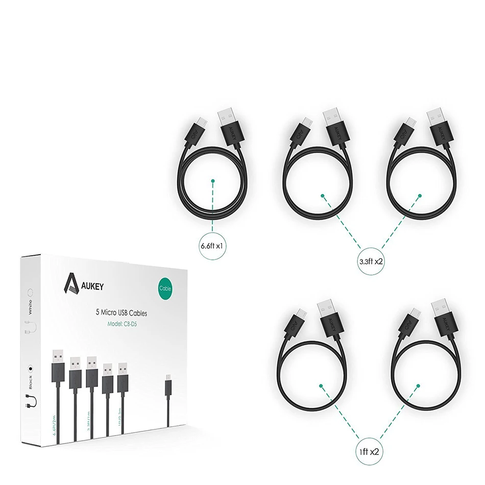 AUKEY шт. 5 Micro USB кабель быстрой зарядки 2A данных зарядное устройство мобильного