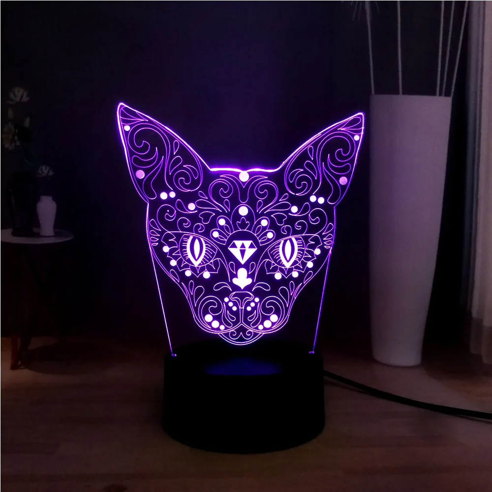 Новая 3D голова котенка олень Иллюзия акриловая Светодиодная панель 7 цветов