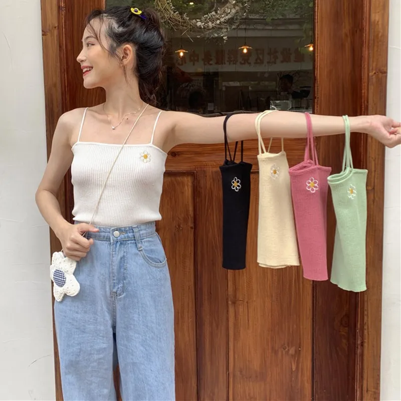Sexy Basic Camisole Summer Sleeveless Causal Beach Wear New Women Knitted Floral Embroidery Camis Tops | Женская одежда