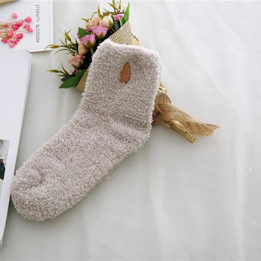 beige bear PEONFLY вышивка кошка утолщение женщин хлопка Утепленная одежда сна Смешные Милые носки чулочно-носочные изделия зима kawaii 5 пар/лот осень зима - Цвет: beige bear