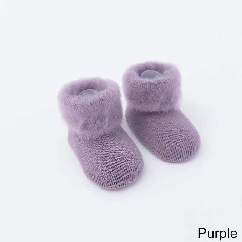 Purple REAKIDS/зимние толстые детские махровые носки теплые хлопковые милые носки для новорожденных мальчиков и девочек Нескользящие носки-Тапочки аксессуары для малышей - Цвет: Purple