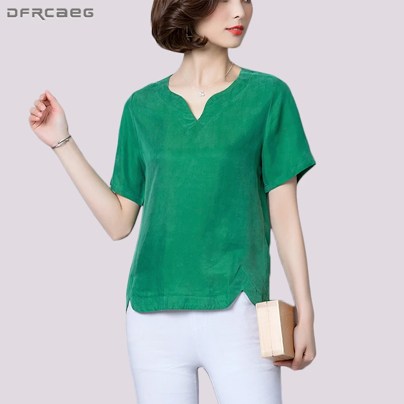 

Casual Blouse High Quality Blusas Loose Big Size Woman Clothes Satin Silk Womens Tops And Blouses V-Neck Summer Ladies Shirts