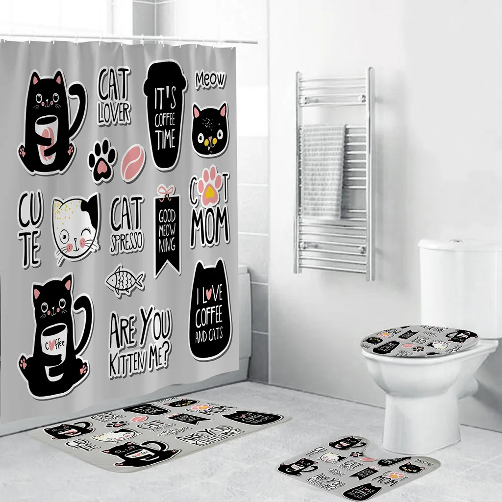 4 шт. набор ковров для ванной комнаты с занавесками нескользящий унитаз полиэстер