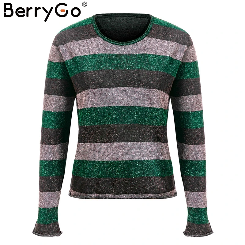 BerryGo Striped o neck bright silk sweater women winter 2018 Christmas long sleeve pullover sweaters female casual jumpers pull | Женская