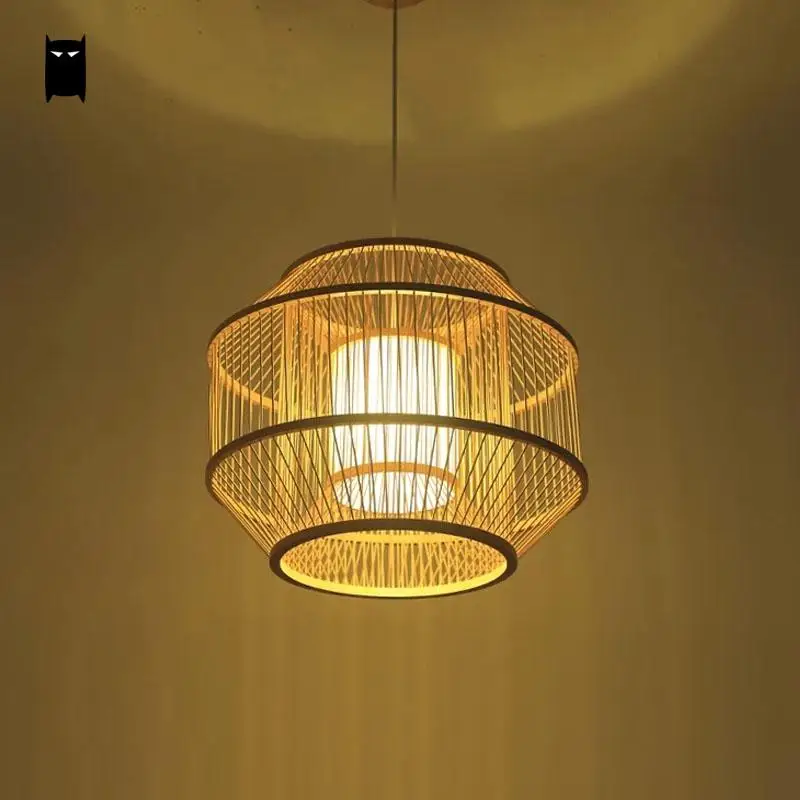 Kopen Bamboe Rieten Rotan Cube Kooi Schaduw Hanger Lichtpunt Rustieke Land Aziatische Opknoping Lamp Avize Luminaria Eettafel Kamer