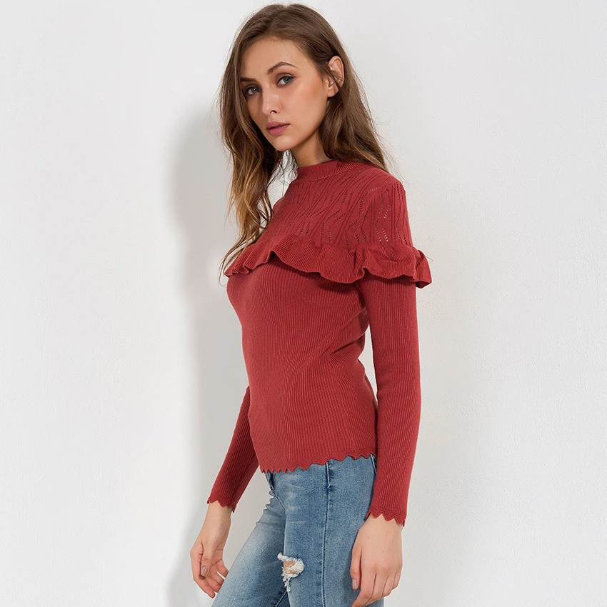Рюшами Для женщин Свитеры для осень Мода 2018 г. Повседневное тонкий вязаный