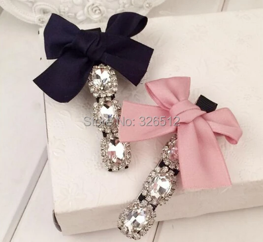 Дизайнер милый розовый лента бант шпилька горный хрусталь бусины заколка для