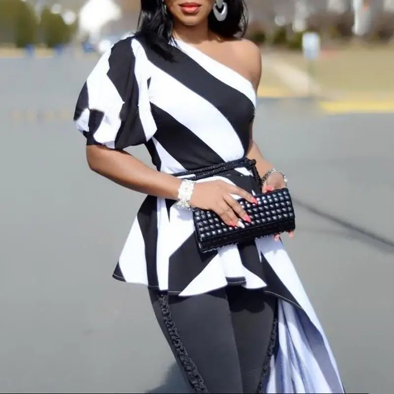 

Women Office Shirt Casual Elegant Party Shirts Female One Shoulder Contrast Striped Long Top Asymmetric Blouse