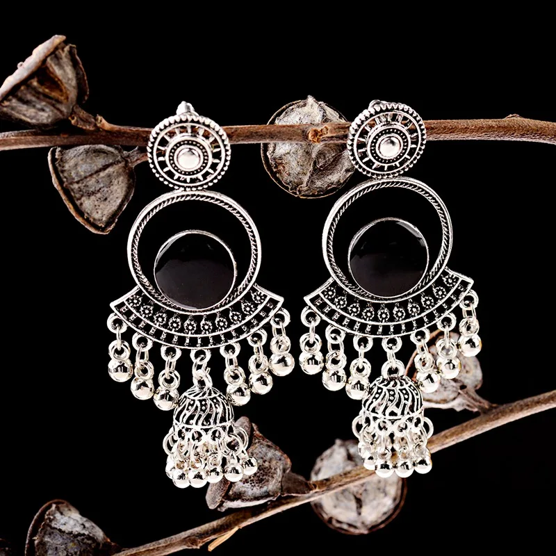 Женские египетские винтажные голубые капающие масла Jhumka Bells серебряные цветные