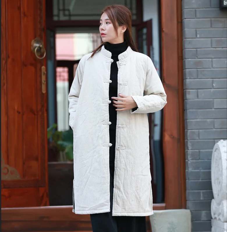 2018 women Winter long outwear chinese style vintage Coat thicken stand collar plate button cotton-padded jackets linen overcoat | Женская