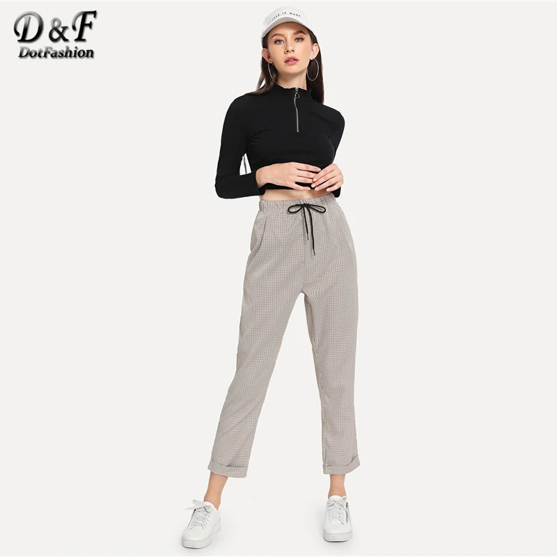 Dotfashion, хаки, на завязках, клетчатые, с буквенным принтом, женские штаны,, повседневные, модные штаны, для девушек, весна, осень, средняя талия, брюки