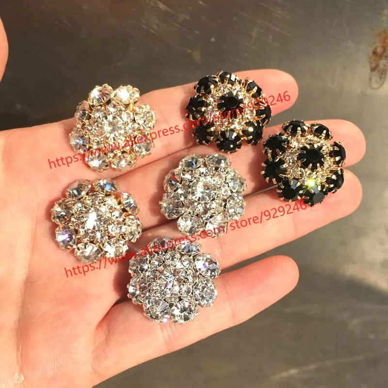 

25mm crystal gold button for dress round flower black rhinestone button for women over coat decorative button for garments