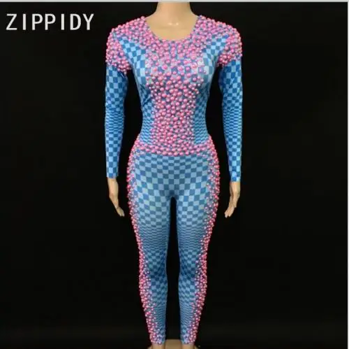 Birthday Party Outfit Women Singer Leggings New Pink Pearls Stones Blue Plaid Pattern Jumpsuits Spandex One Piece Women's