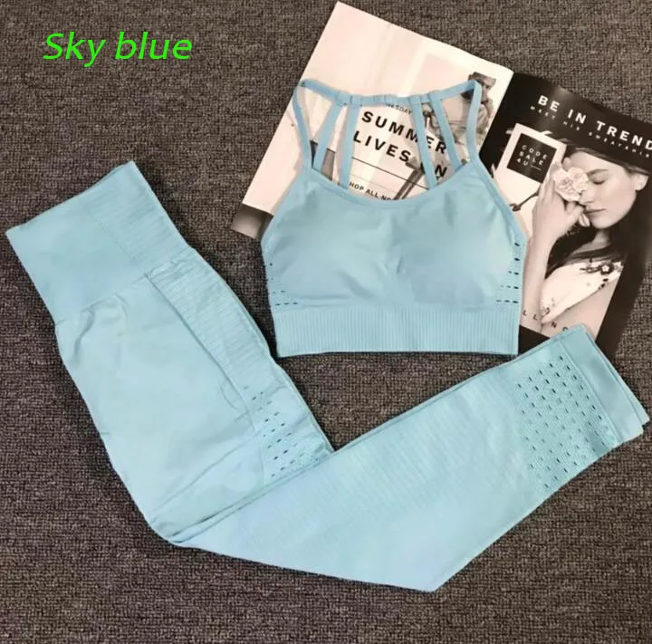 Sky blue 2 шт. бесшовная энергетическая Йога набор для женщин тренажерный зал фитнес спортивные костюмы Высокая талия Леггинсы для бега Спортивная одежда для тренировок спортивный бюстгальтер+ брюки - Цвет: Sky blue
