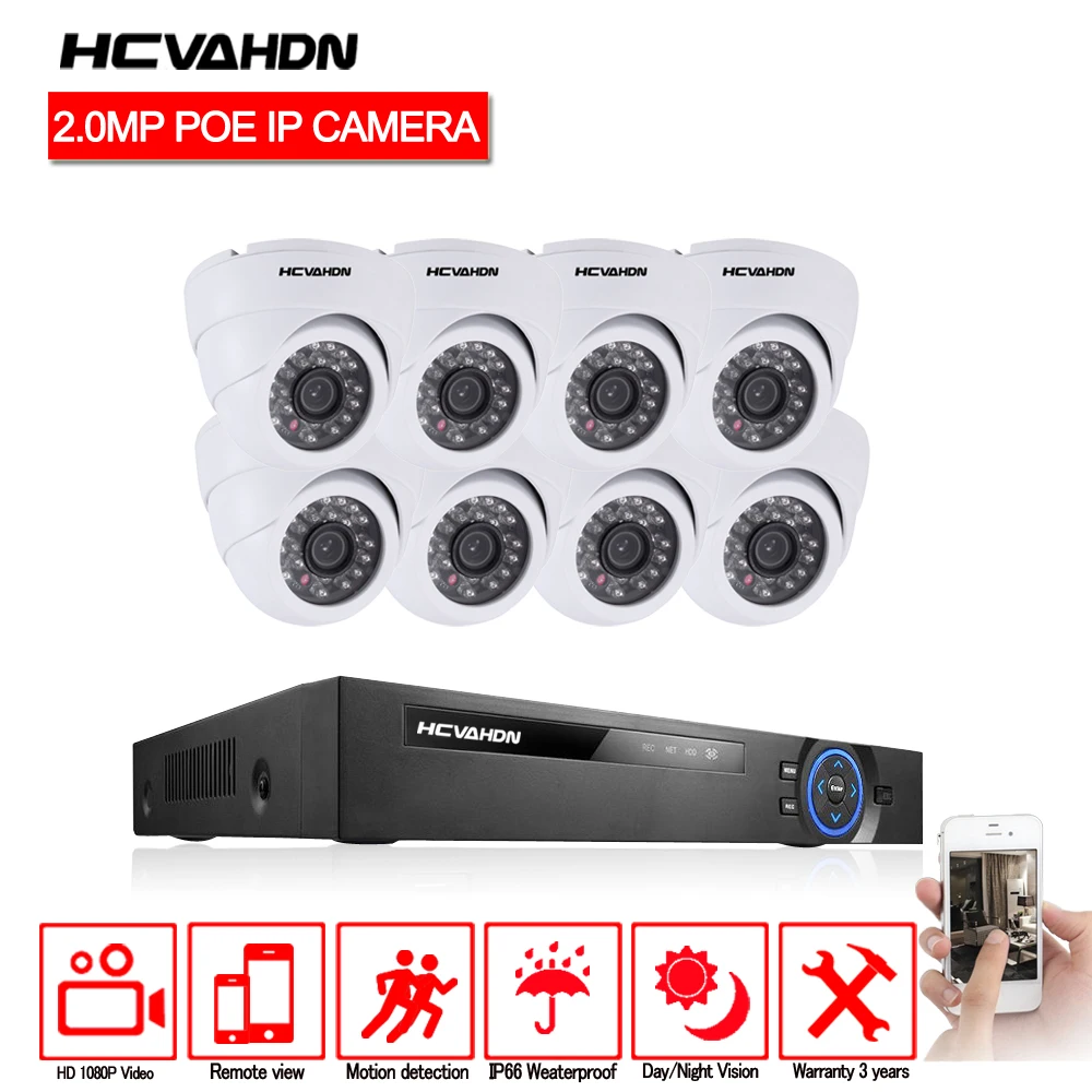Hcvahdn 8CH 1080 P POE NVR CCTV Системы 2MP Крытая купольная IP камера Камера P2P безопасность Onvif