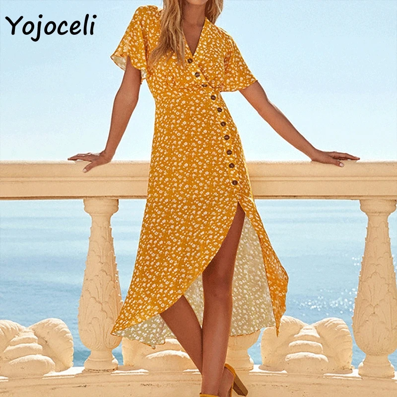 Yojoceli 2019 летнее желтое платье с принтом женское романтическое французское на