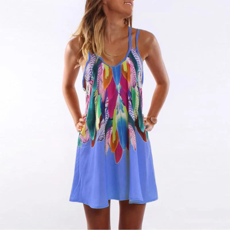 2018 модное женское летнее платье с принтом круглым вырезом без рукавов мини на