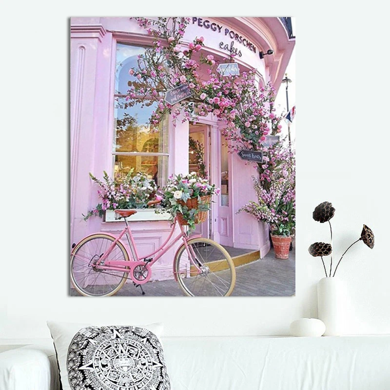 Алмазная живопись велосипед розовый дом пейзаж вышивка крестиком полное круглое