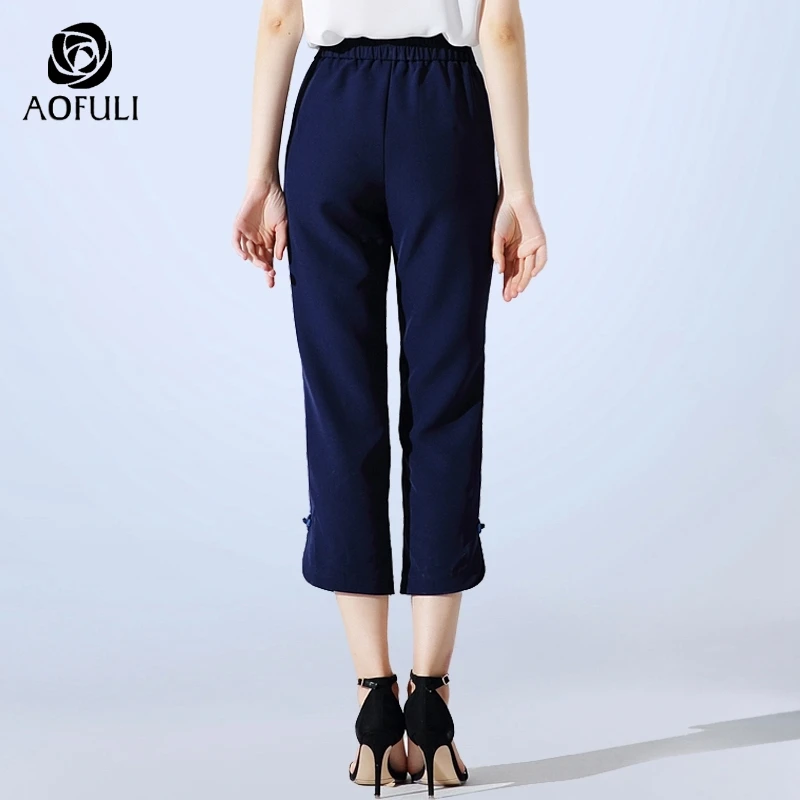 AOFULI 4XL/5XL Женские брюки длиной до икры Синие Большие размеры Летние повседневные