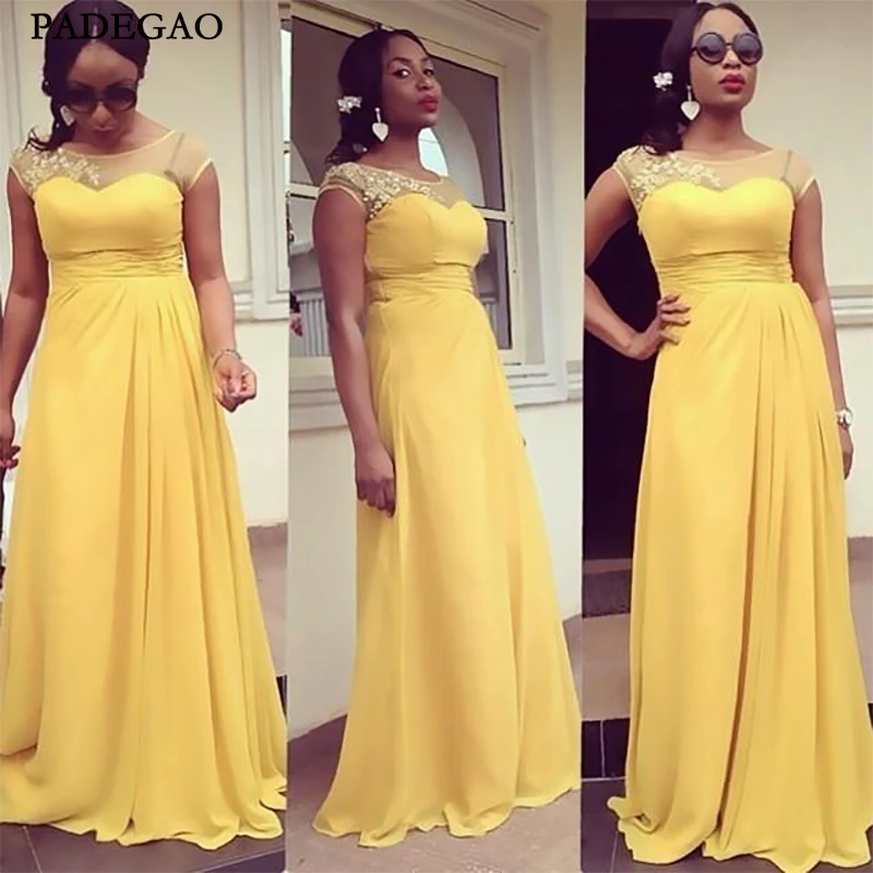 

Plus Size Bridesmaid Dresses 2019 Yellow Chiffon Appliques Sheer Scoop Neck Capped Sleeves Wedding Party Gowns For Black Girl