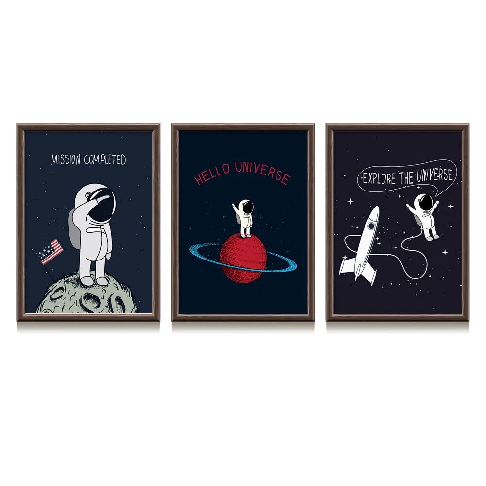 Мультяшные астронавты ракеты НЛО Вселенная звезда скандинавские плакаты и