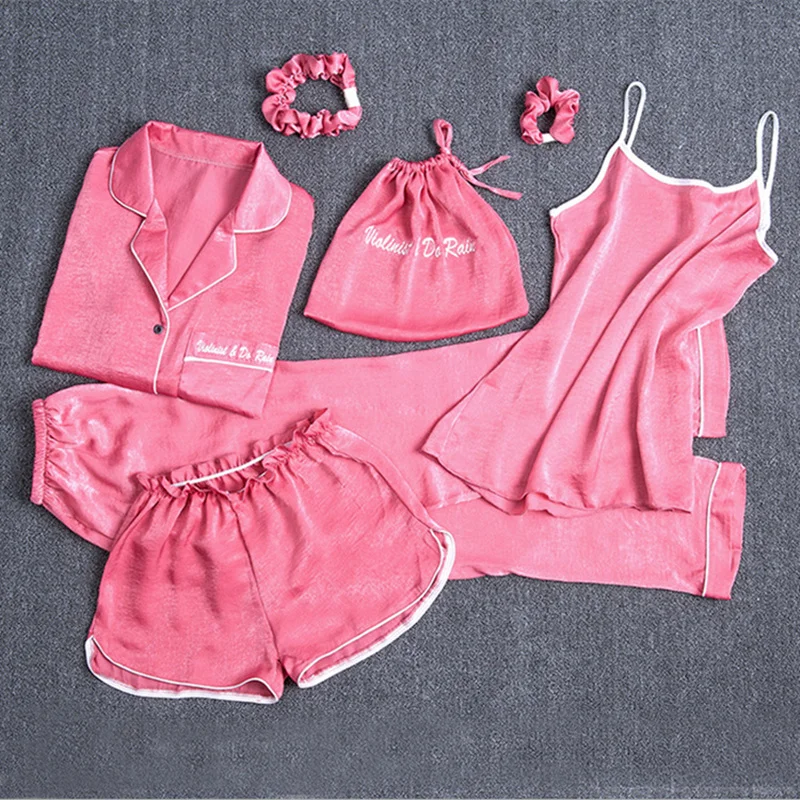 

7 Pieces Pink Women Pajamas Sets solid Homewear Cotton Sleepwear 2019 Autumn Spring Homewear Pijama Lingerie Nightdress