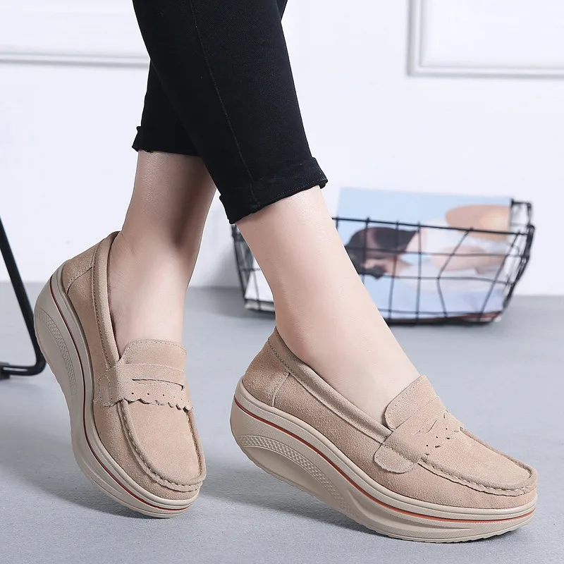 3038 Khaki PINSEN/ весенняя женская обувь на плоской подошве; кроссовки на платформе; женская повседневная обувь из кожи и замши; слипоны на плоской подошве; криперы; Мокасины - Цвет: 3038 Khaki