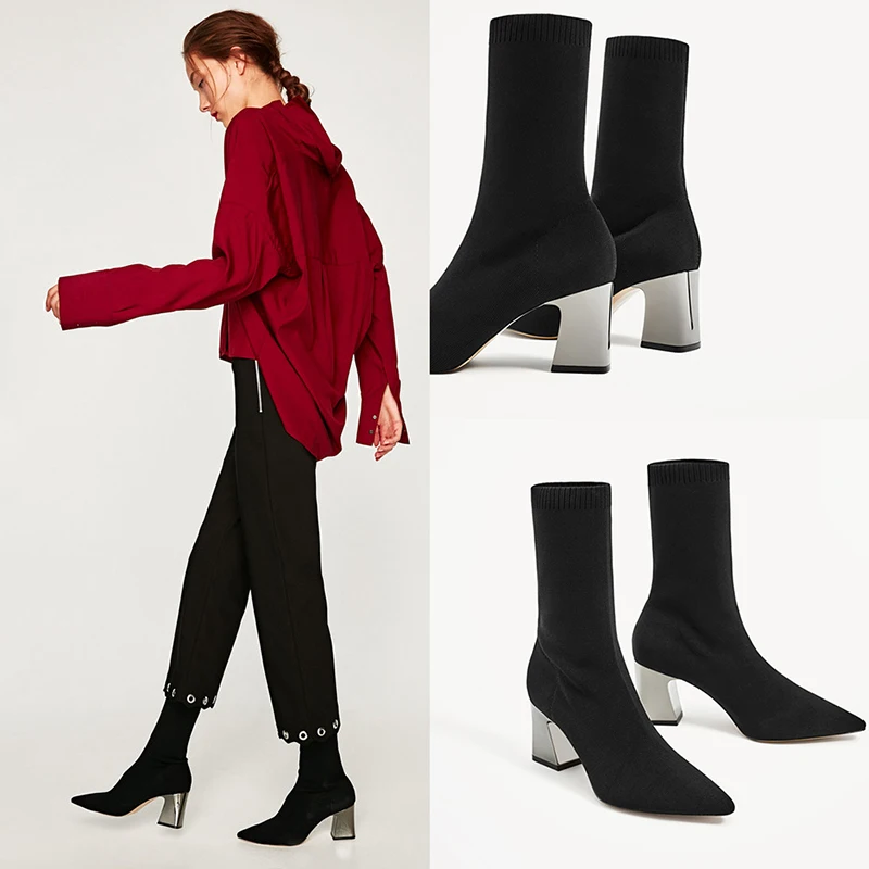 

2018 New Stretch Elastic Sock Boots Women Chunky Heels Boots Sexy Pointy Toe High Heels Women Boots Autumn Shoes Woman