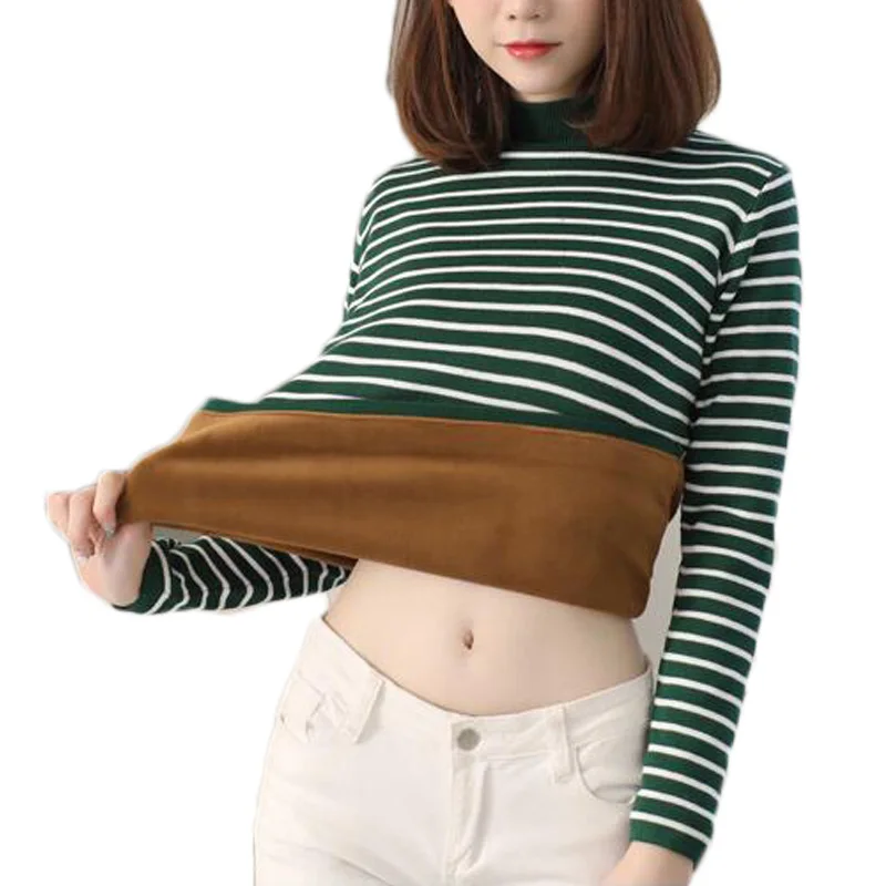 Women Autumn Winter Striped Thick Warm Knitted Pullover Sweaters Ladies Crochet With Velvet Sweater Female High Quality | Женская одежда