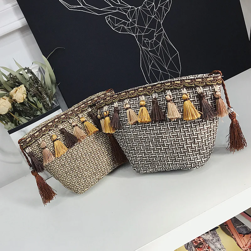 

Summer Straw Bag Ethnic Vintage Tassel Women Knitting Small Shoulder Crossbody Bag Chic Handbag Fashion Message Tote Bolsas