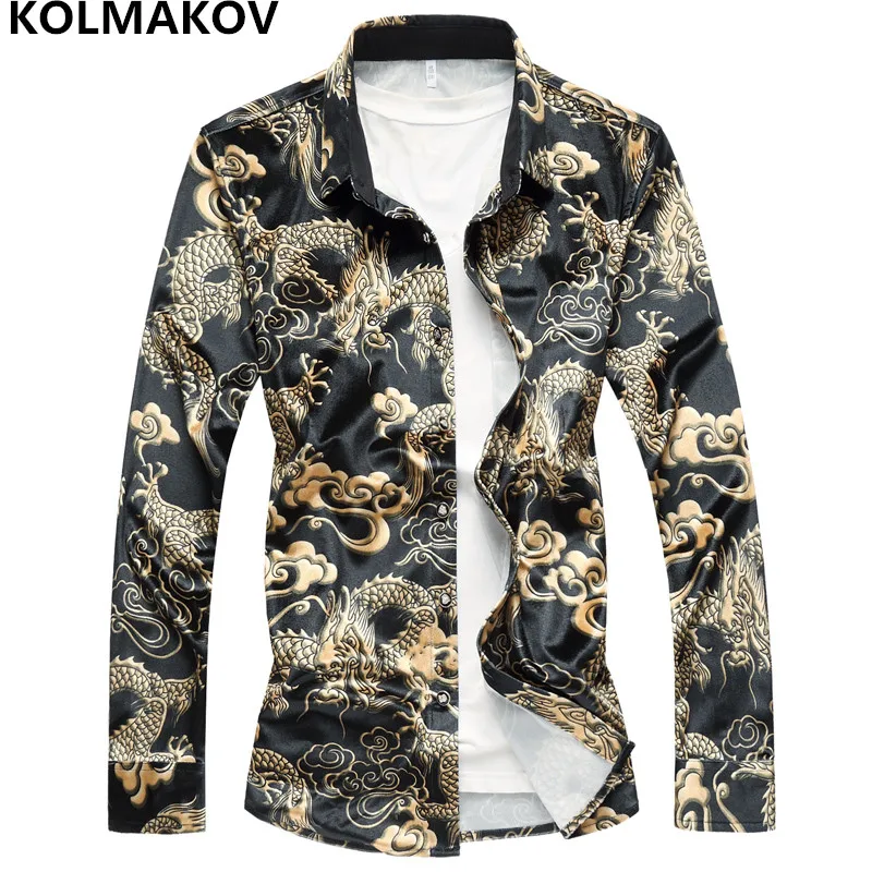 

2019 New Chinese Style Men's Dress Long Sleeve Cotton Casual Shirts Men Slim Fit Large Social Shirt Man Printed Plus Size M-7XL