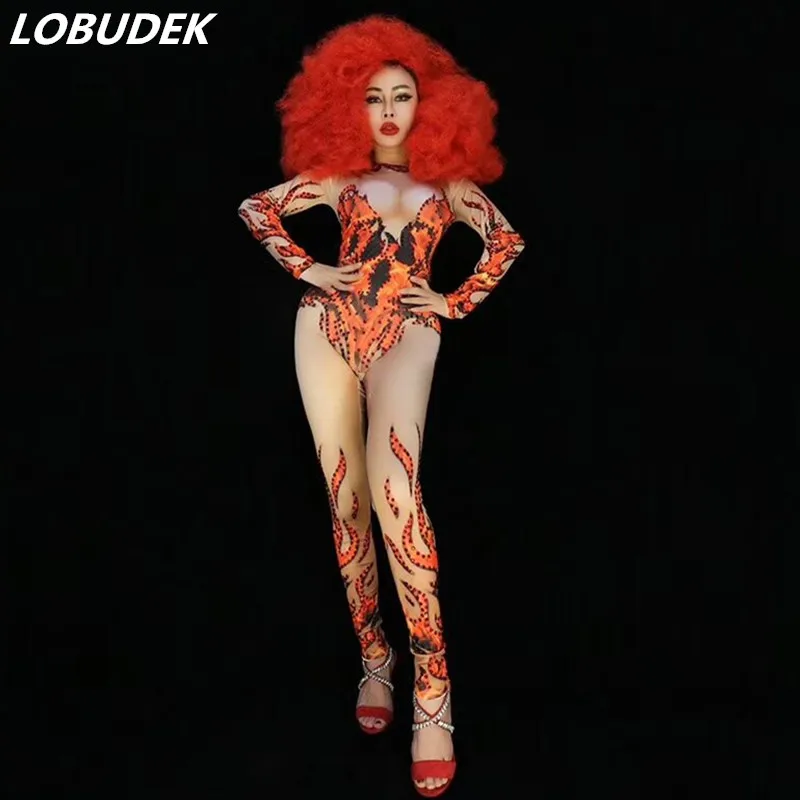 

Orange Flame Pattern Elastic Jumpsuit Crystal Skinny Romper Sexy Nightclub DJ Female Singer Costume Bar Party Leotard Stage Wear