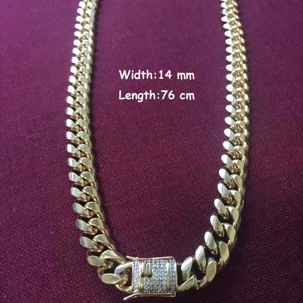 14MM 75CM G 10 мм/14 мм мужское кубинское ожерелье с фианитами из нержавеющей стали, стразы с замком, золотое, серебряное ожерелье в стиле хип-хоп - Окраска металла: 14MM 75CM G