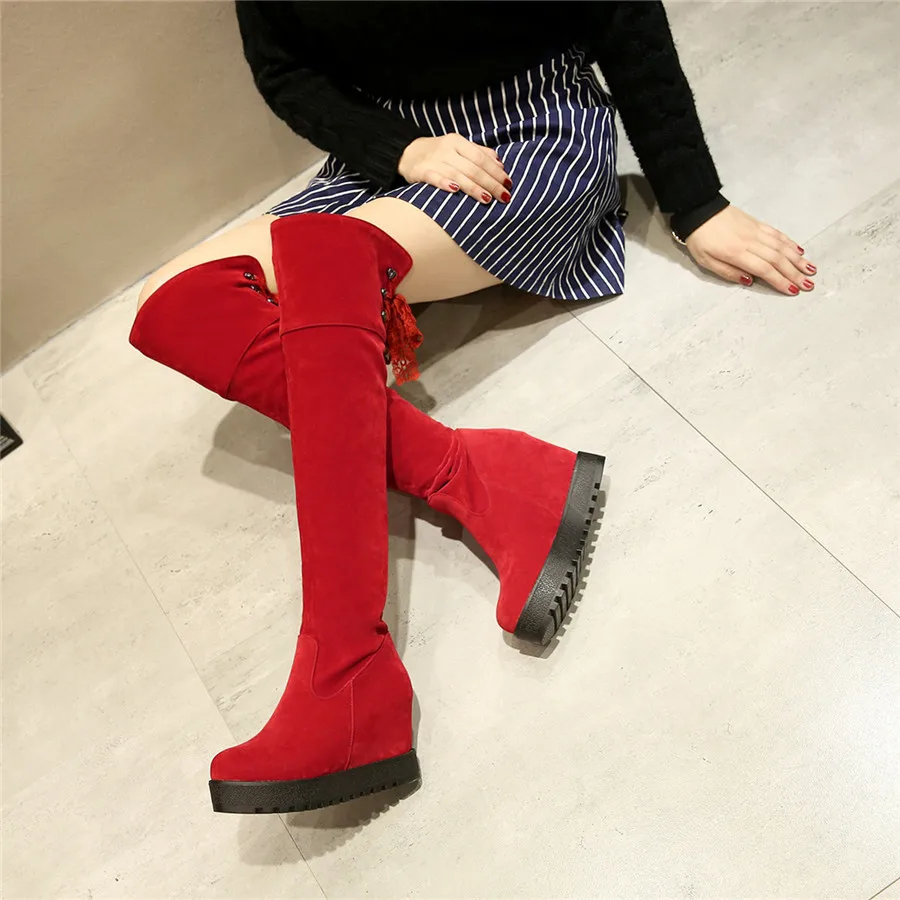 

ANMAIRON Lace Winter Knee High Boots Women High Heels Slip-on Wedges Boots Platform Shoes Women Large Size 34-43 Black Red